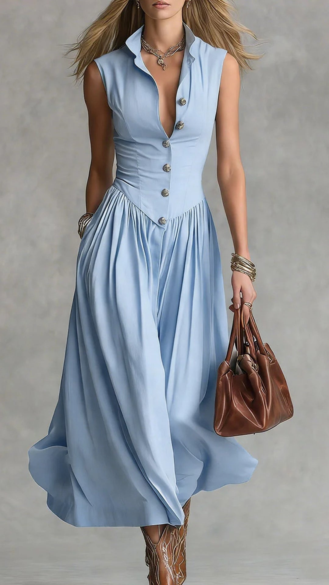 Women’s Cotton-Blend Waisted Sleeveless Shirtdress