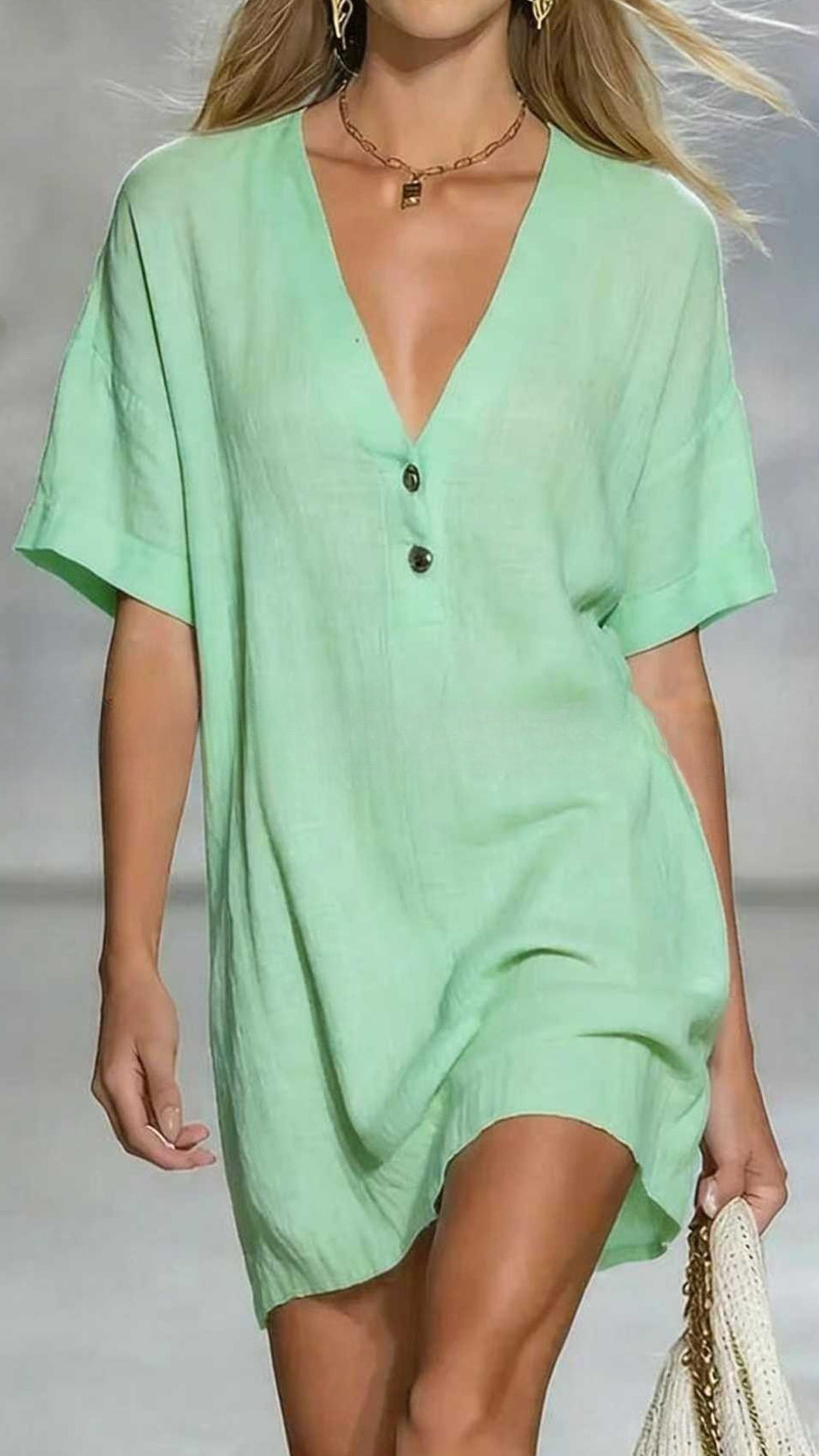 Women’s Linen-Cotton V-Neck Loose Shift Dress