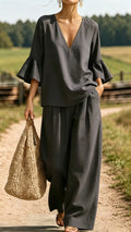 Women’s Casual & Comfortable Two-Piece Set: V-Neck Top with Ruffle Sleeves and Wide-Leg Pants