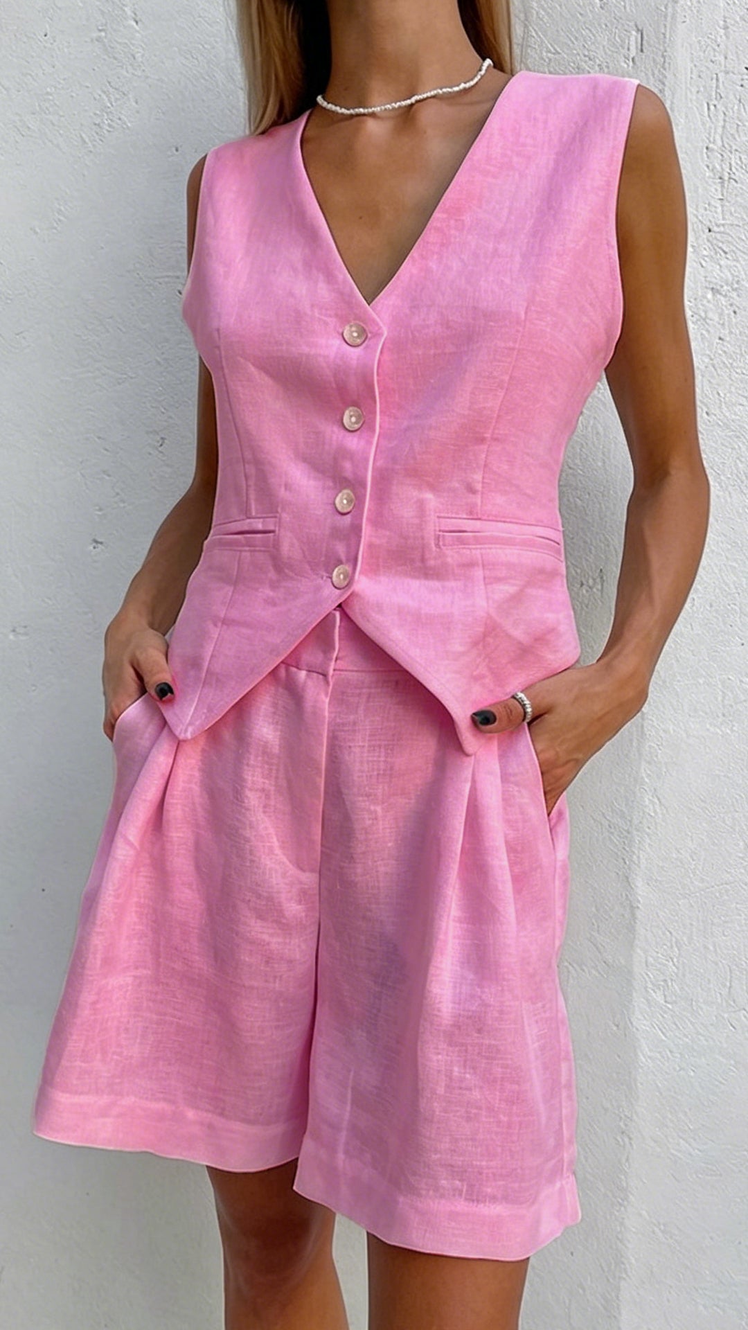 Women’s Cotton-Linen Blend V-Neck Waistcoat & High-Waisted Shorts Set
