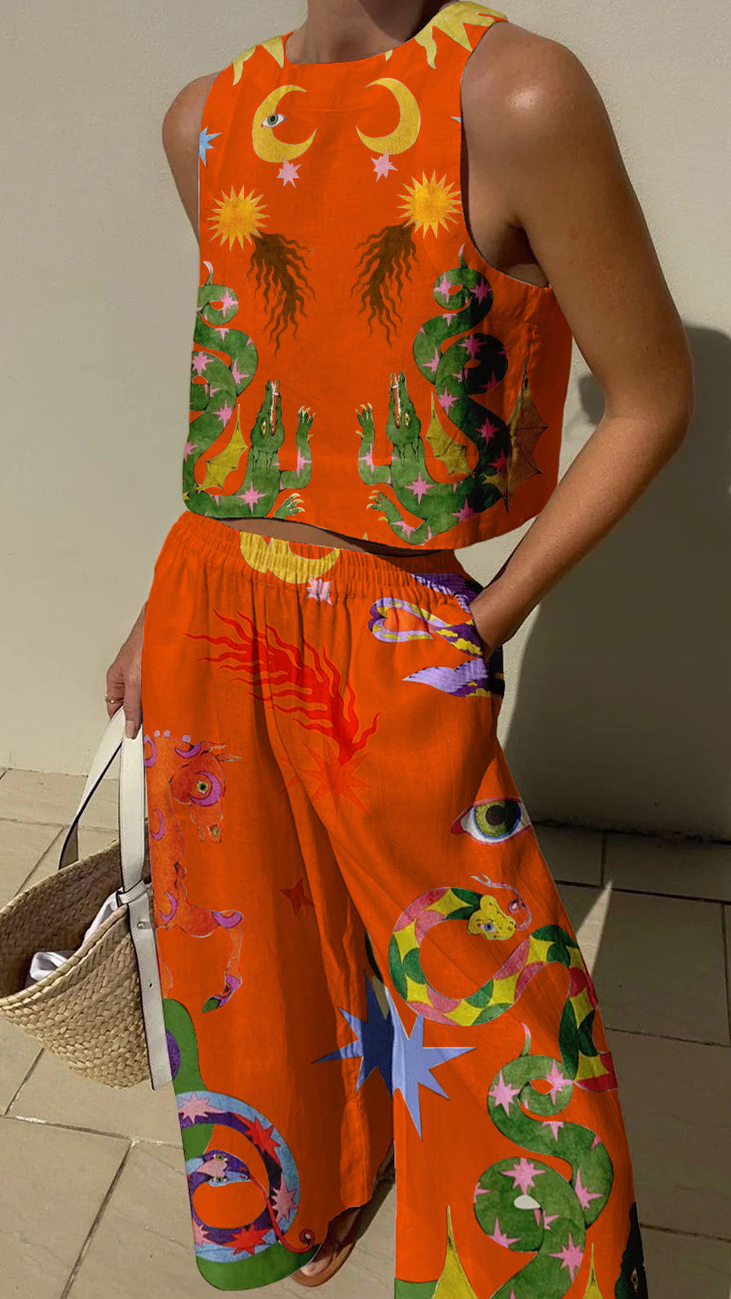 Women’s Linen-Cotton Blend Whimsical Print Tank Top & Wide-Leg Pants Set