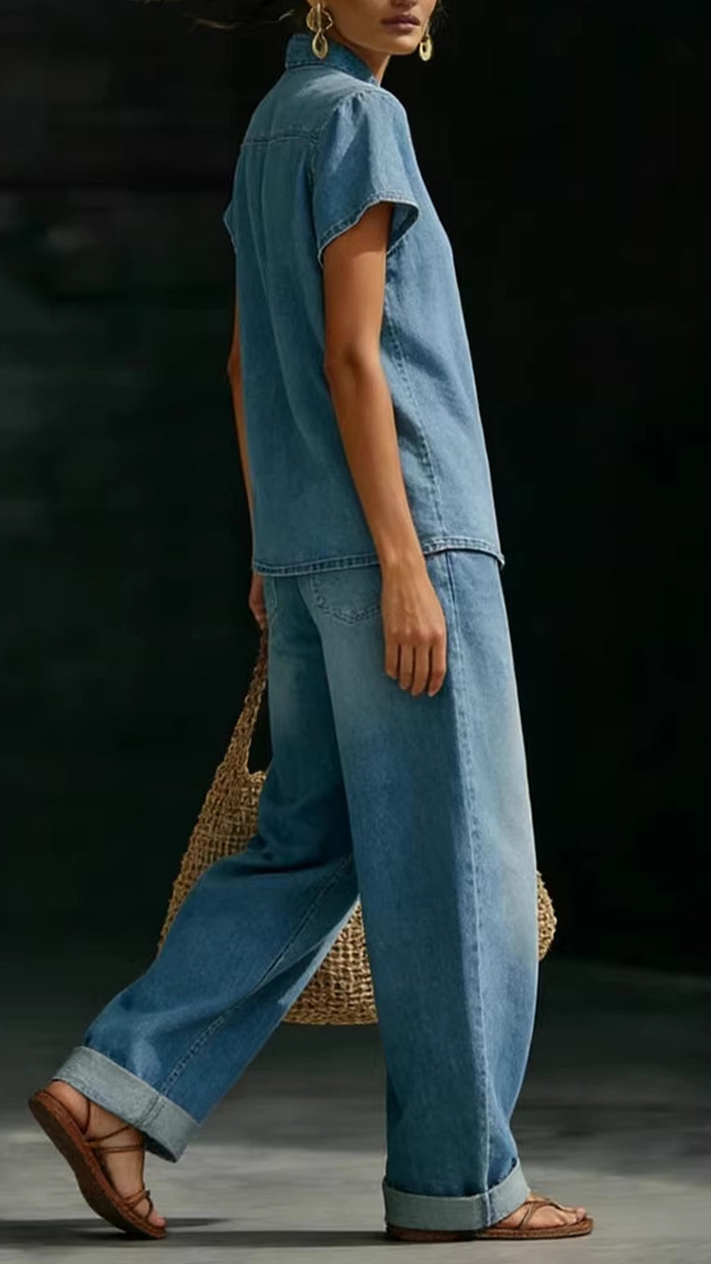 Women’s Cotton-Blend Denim-Effect Halter Neck Top & Wide-Leg Pants Set
