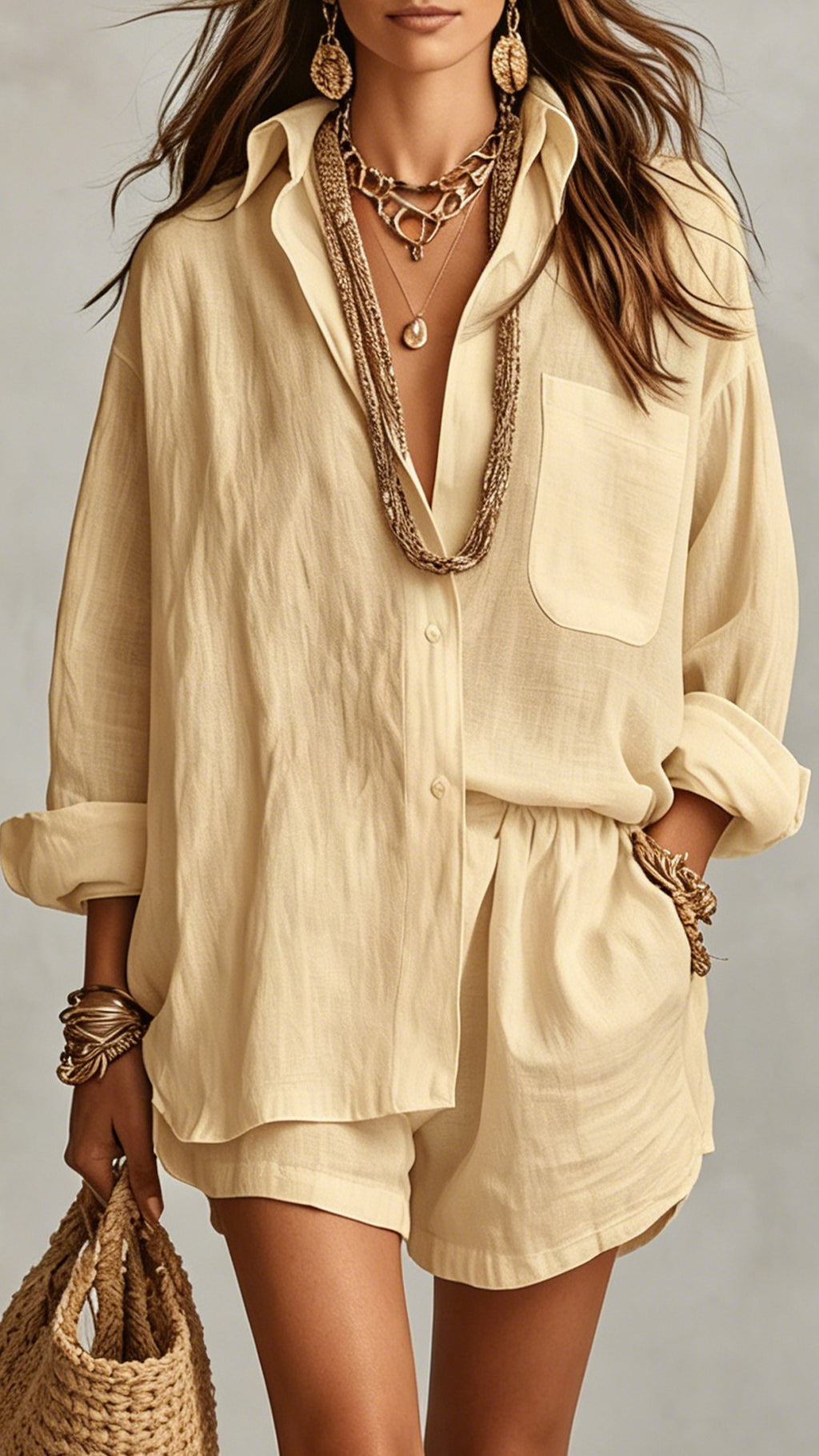 Women’s Cotton-Blend Textured Shirt & Shorts Set