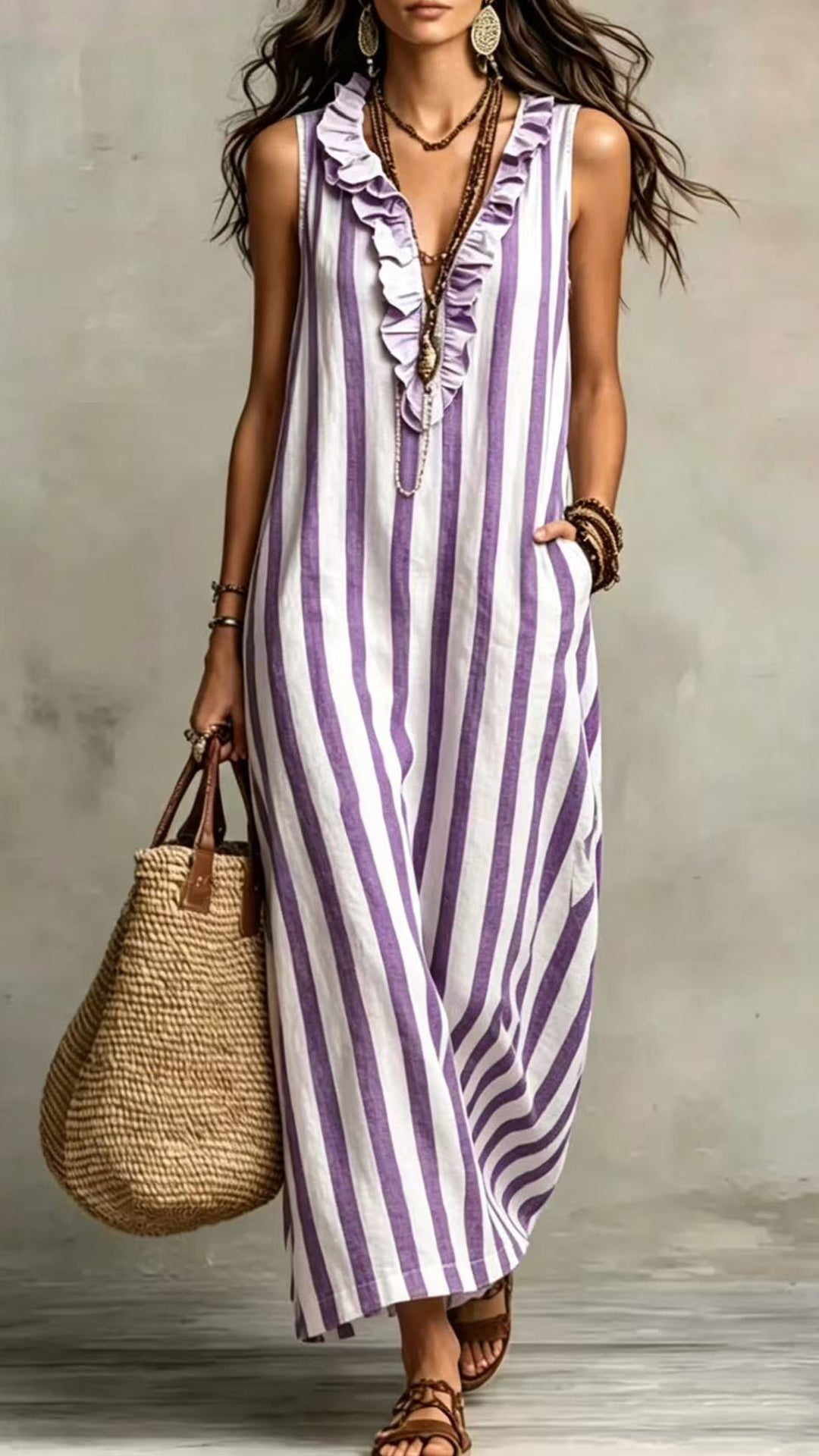 Women’s Cotton-Blend Striped Sleeveless Maxi Dress