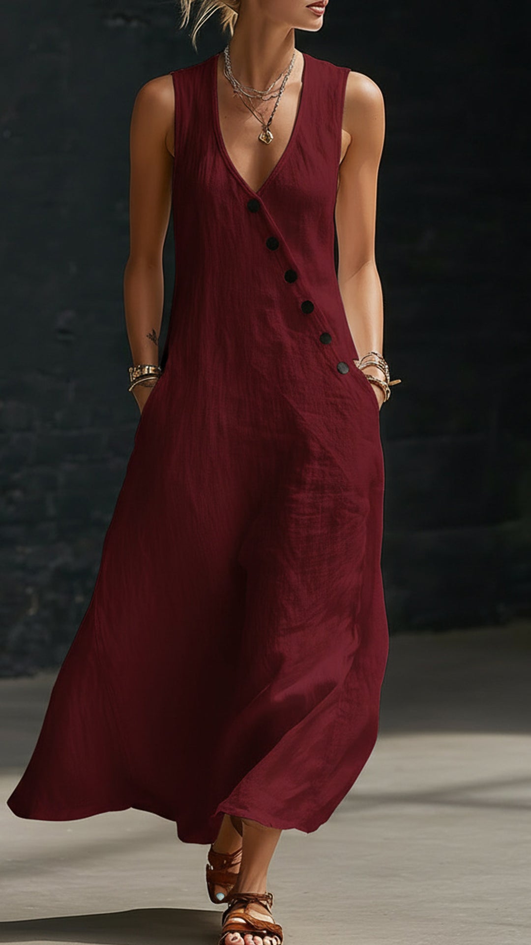 “Effortless Chic” Style V-Neck Button-Front Cotton-Linen Maxi Dress — Sleeveless Tank Dress