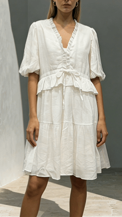 Women’s V-Neck Ruffle-Trim Puff-Sleeve Drawstring Dress