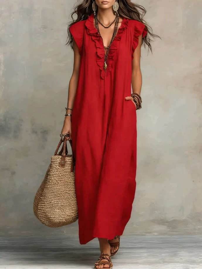 Women’s Solid Color Ruffled Art Casual Fashion Cozy Cotton Linen Dress