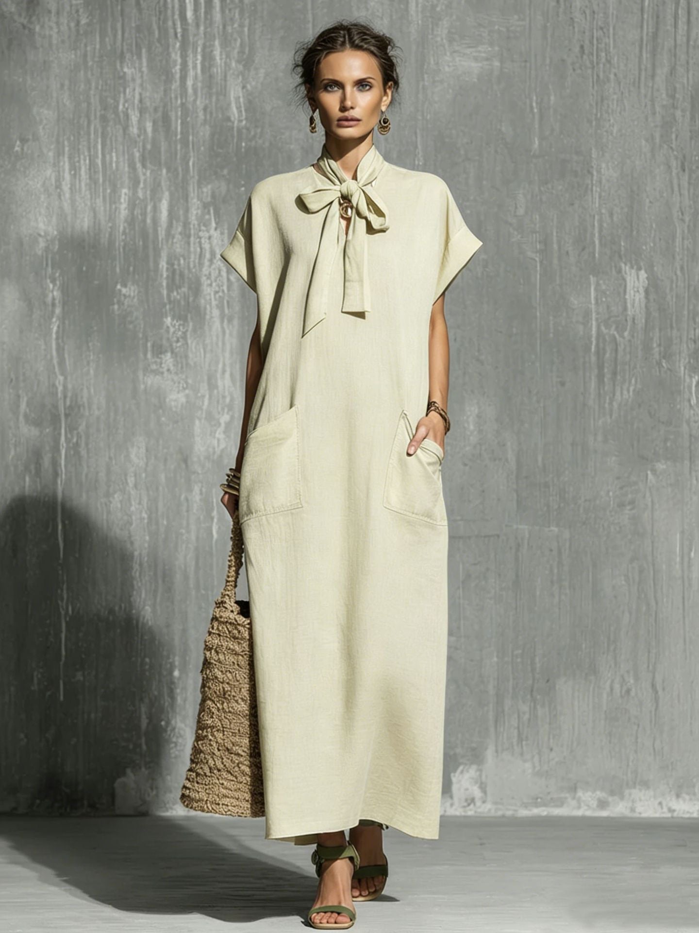 Women’s Solid-color V-neck Short-sleeve Casual Loose Cotton-linen Dress