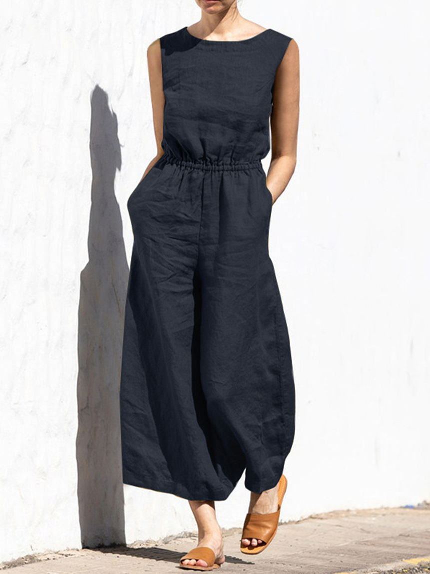 Women’s Solid Color Loose Elegant Casual Sleeveless Jumpsuit