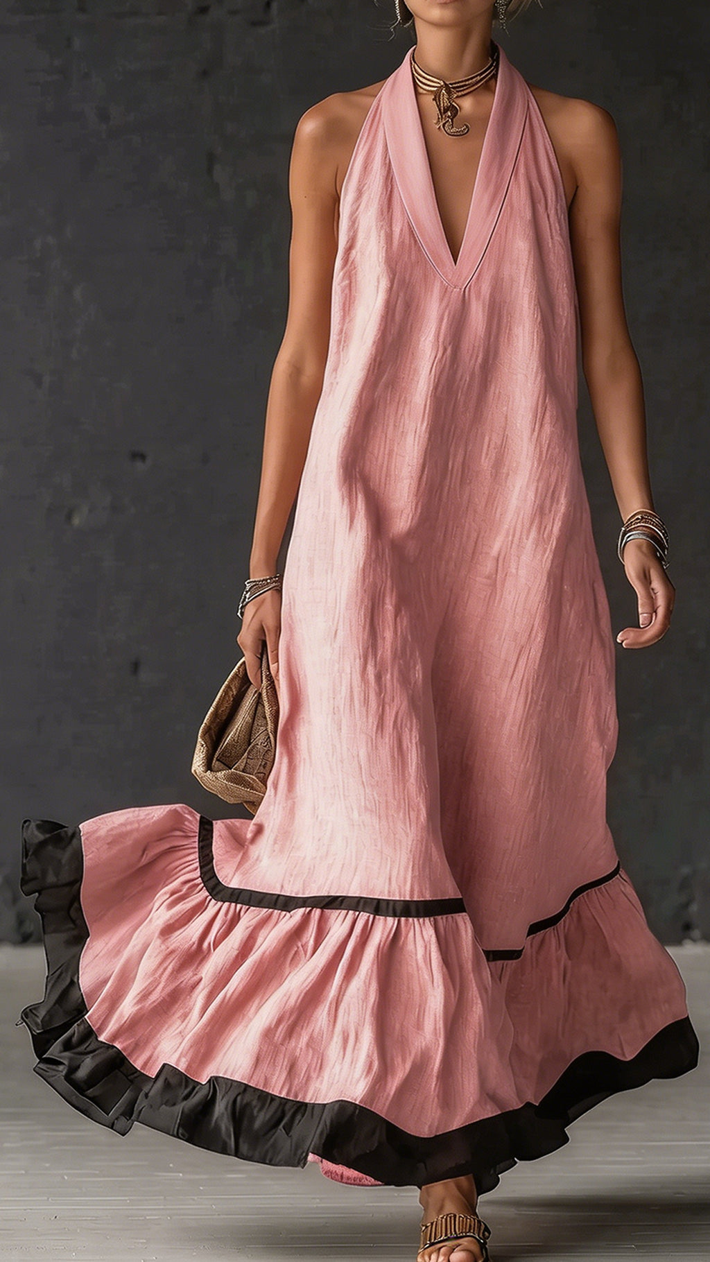 Elegant & Romantic Color-Block Halter Maxi Dress ✨ Plus-Size Friendly