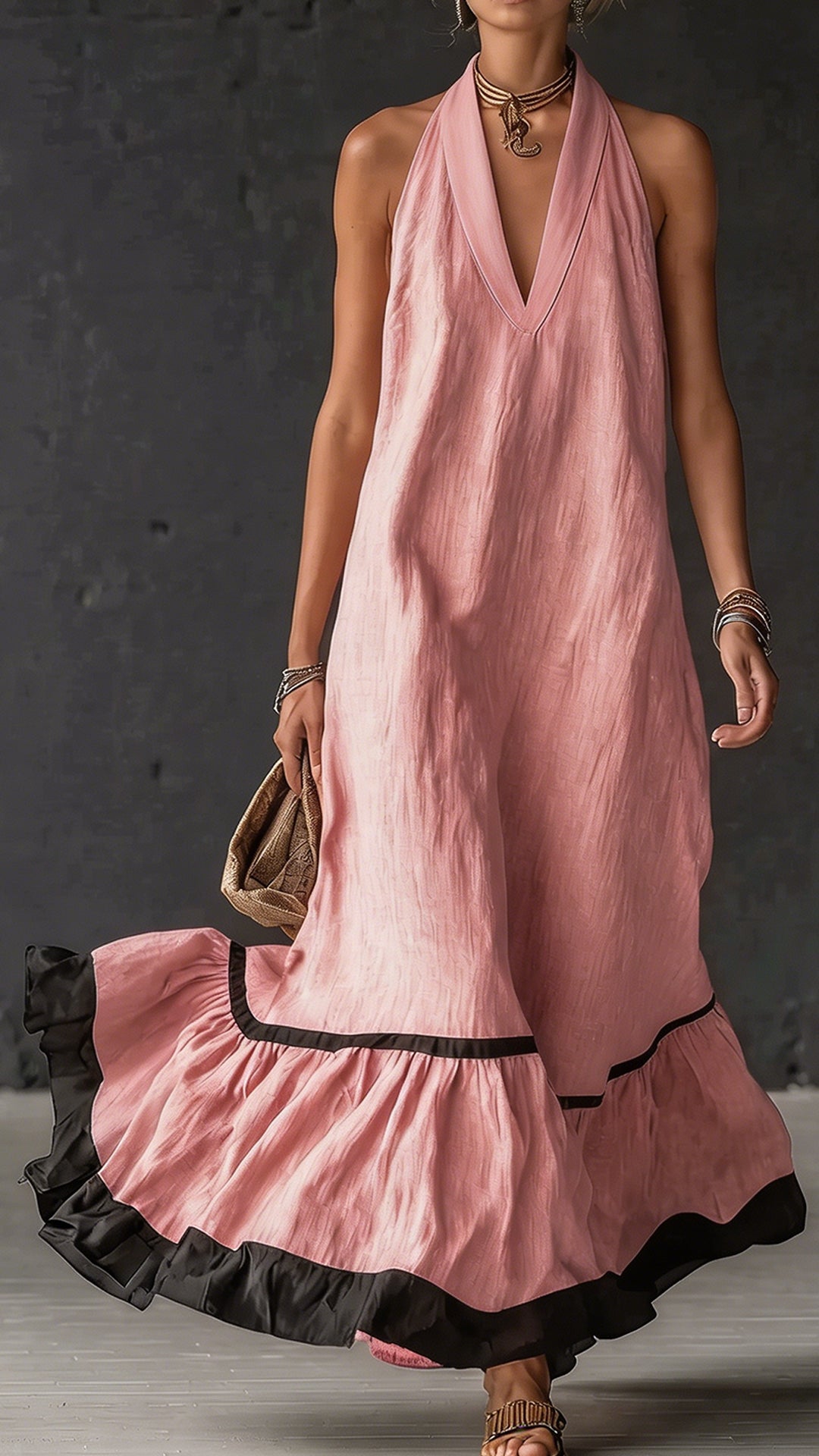 Elegant & Romantic Color-Block Halter Maxi Dress ✨ Plus-Size Friendly