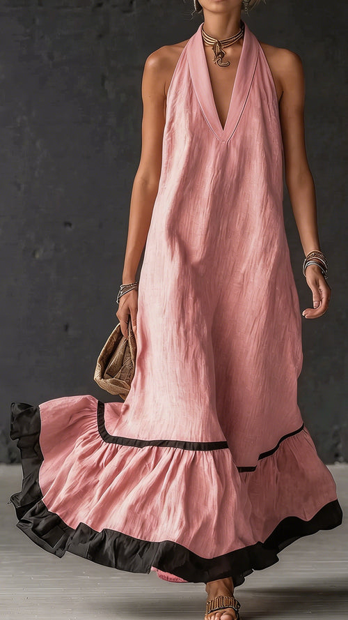 Elegant & Romantic Color-Block Halter Maxi Dress ✨ Plus-Size Friendly