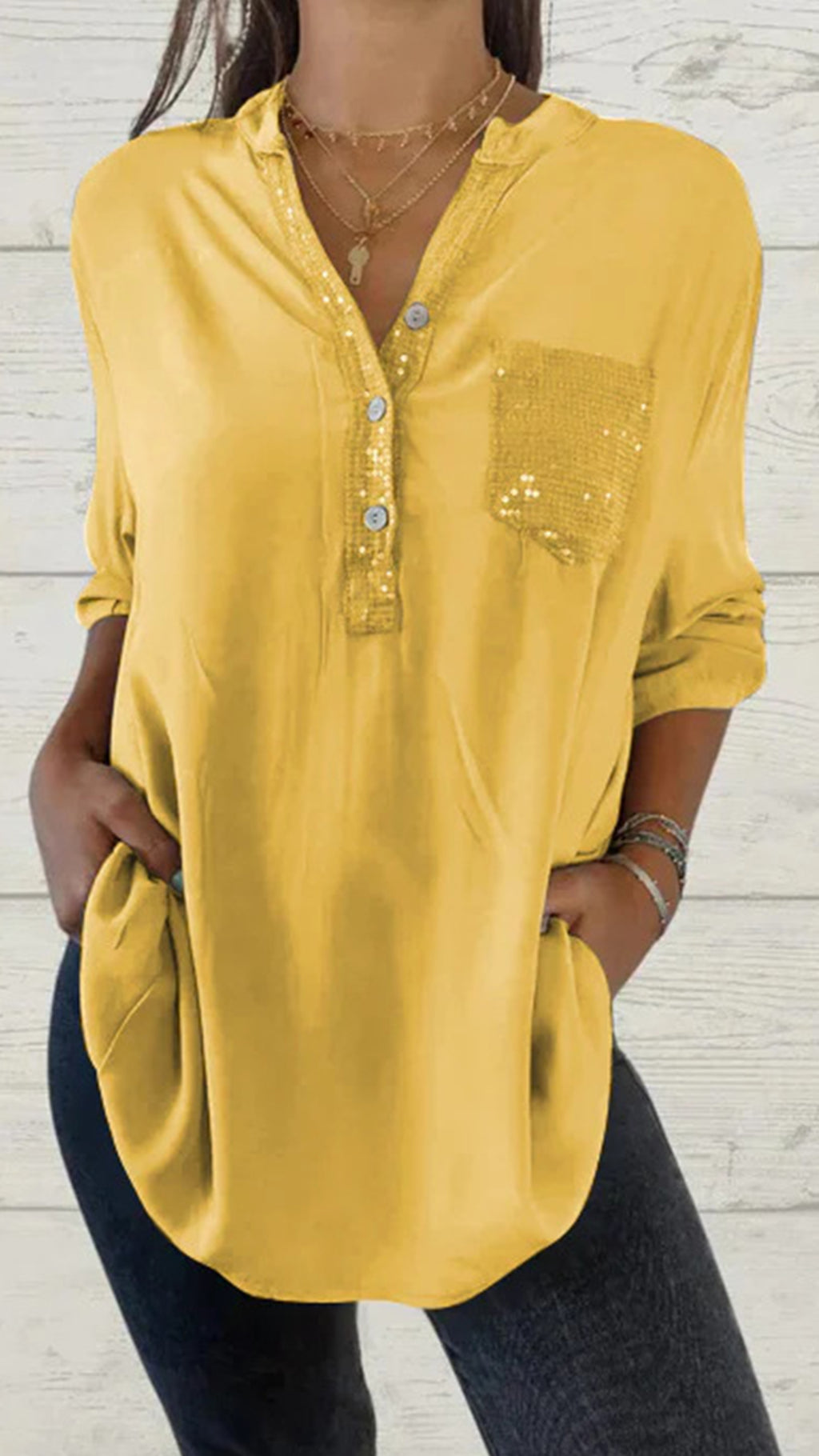 Solid color V-neck pocket women’s top shirt in multiple colors