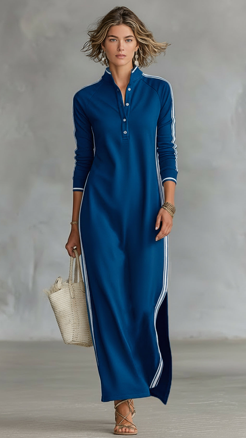 Women’s Black and White Striped Sporty Stand-Collar Maxi Dress