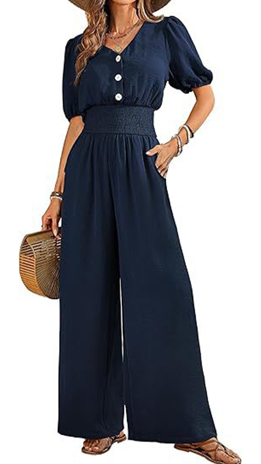 Women’s V-Neck Jumpsuit with Puff Sleeves, Cinched Waist, and Wide Legs