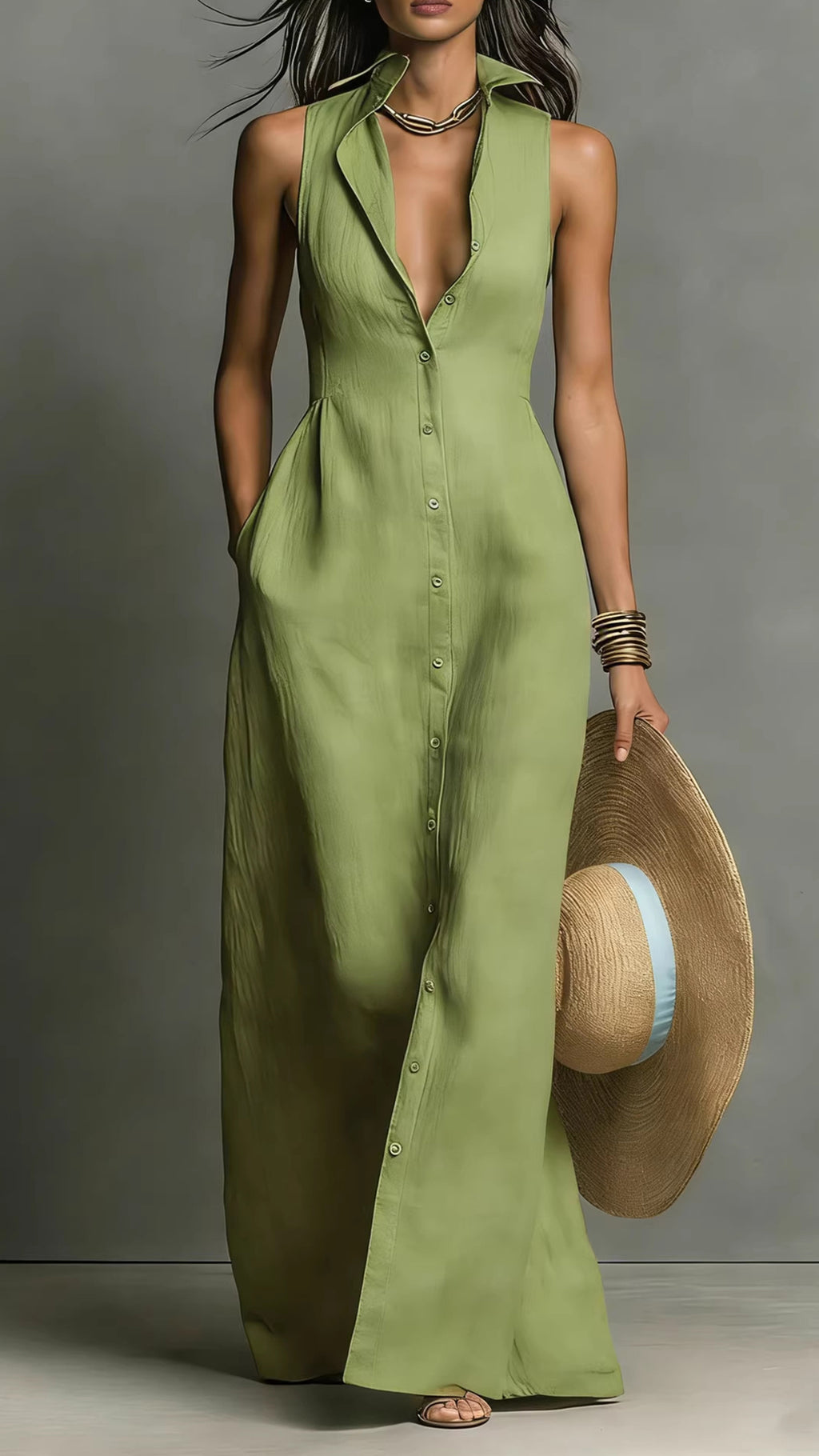 Women’s Sleeveless Collared Waist-Cinching Long Shirt Dress