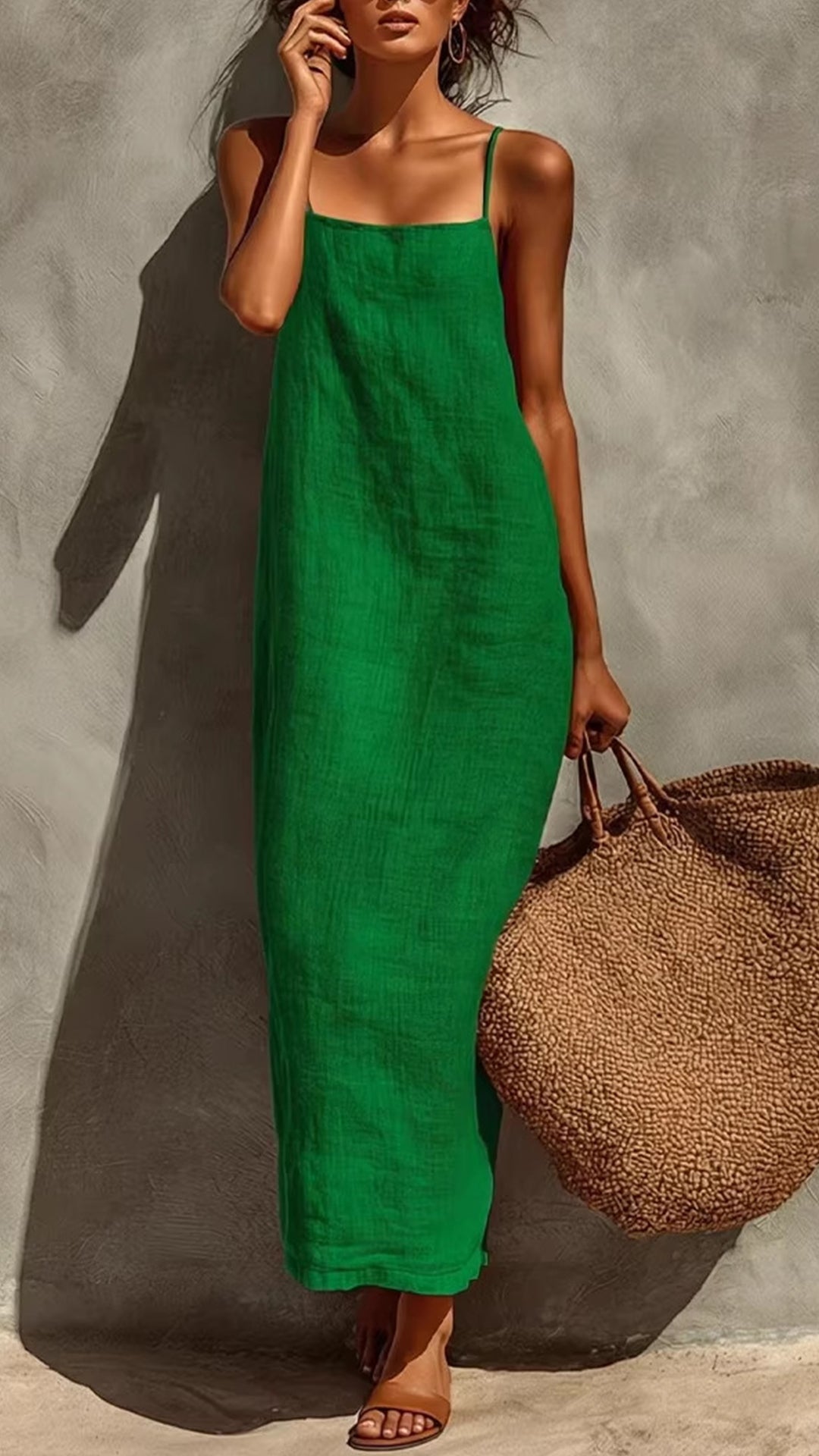Women’s Square-Neck Straight-Cut Maxi Dress with Thin Straps