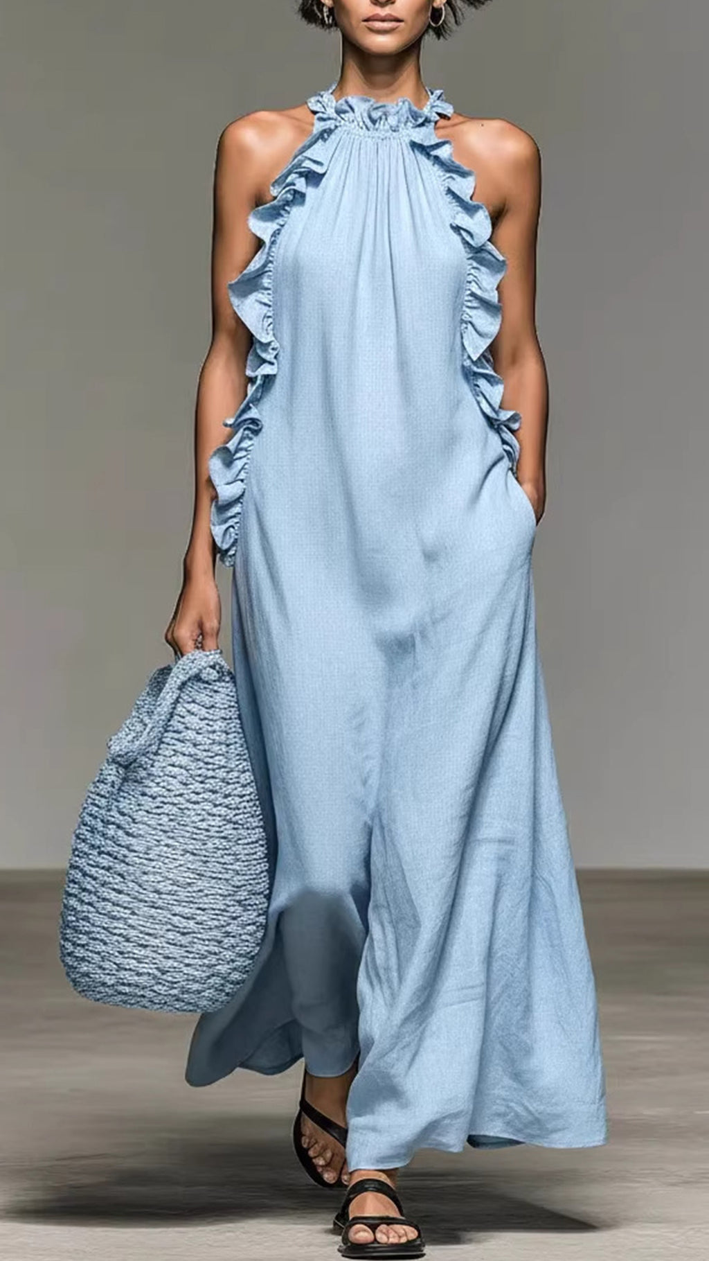Women’s Halter-Neck Ruffled Sleeveless Maxi Dress