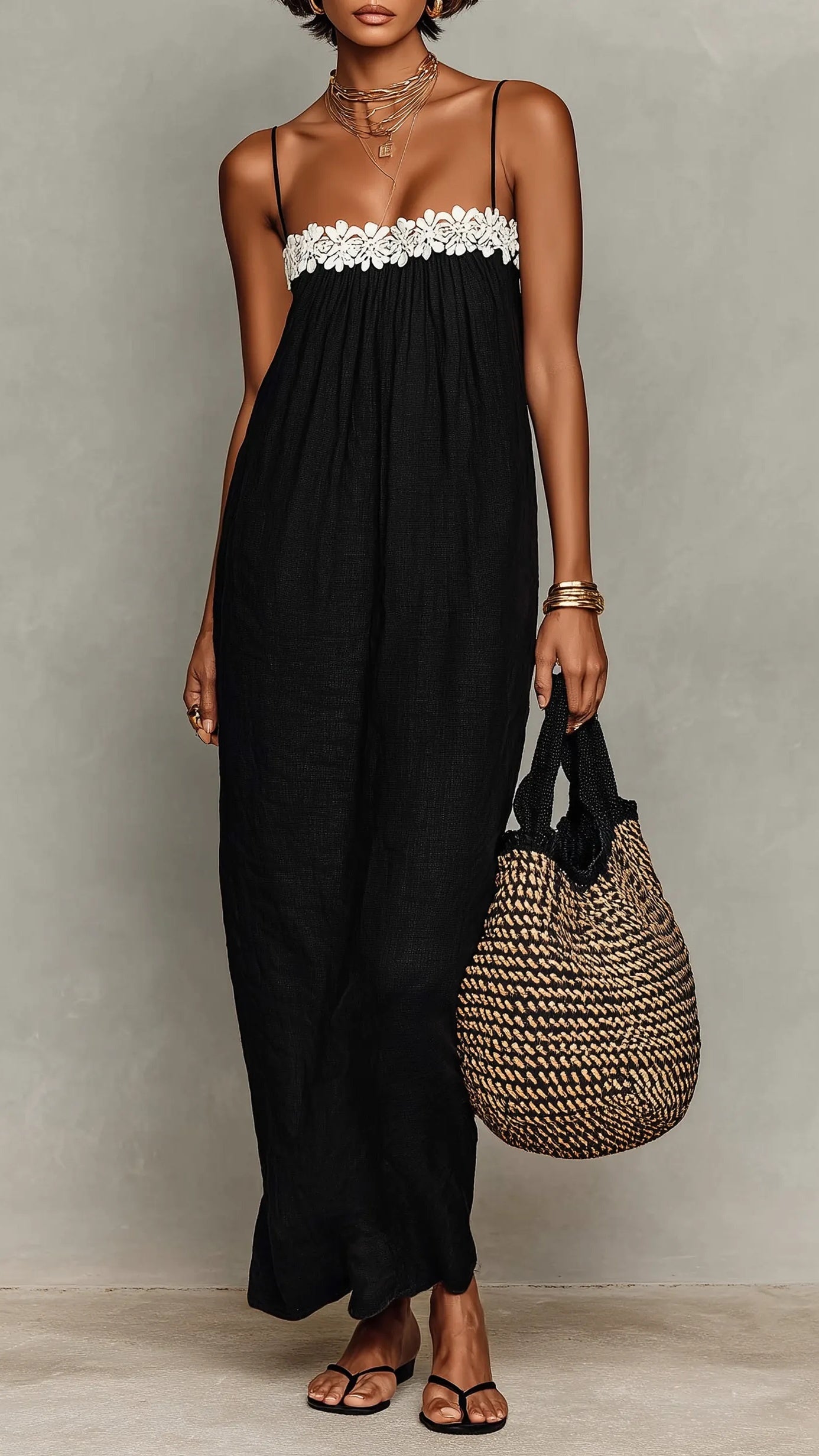 Women’s Minimalist Linen-Blend Lace-Paneled Strapless With Spaghetti Straps Maxi Dress