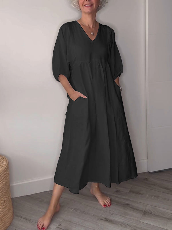 🔥Clearance Sale🔥 Women’s Casual Fashion V-Neck Solid Color Mid-Length Sleeve Dress