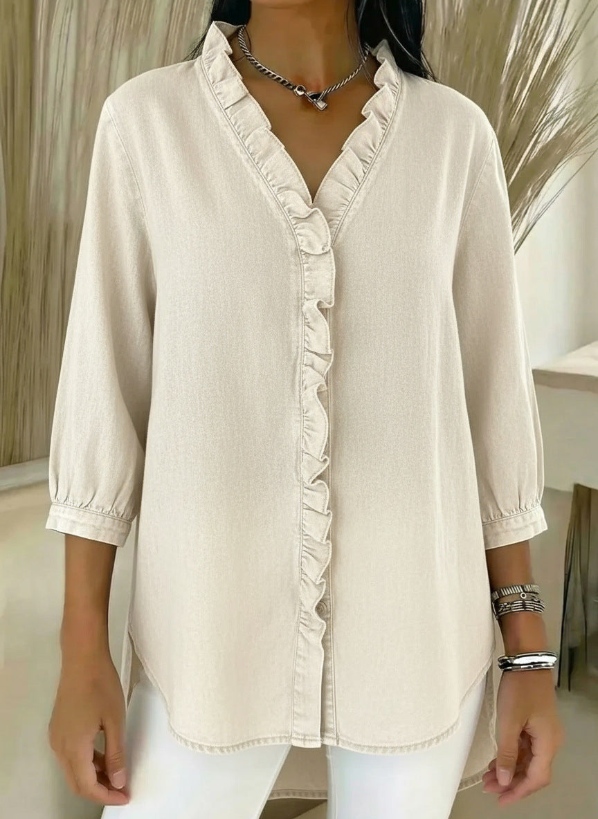 Women’s Casual Denim V-Neck Ruffled Shirt
