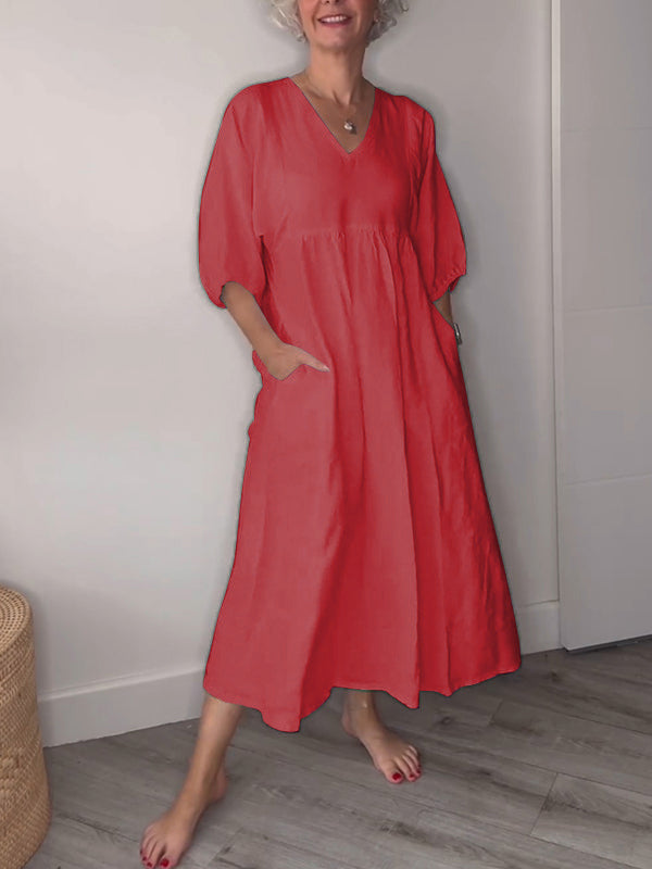 🔥Clearance Sale🔥 Women’s Casual Fashion V-Neck Solid Color Mid-Length Sleeve Dress