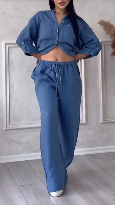 Women’s Casual Cotton-Linen Solid-Color Shirt & Drawstring Wide-Leg Pants Two-Piece Set
