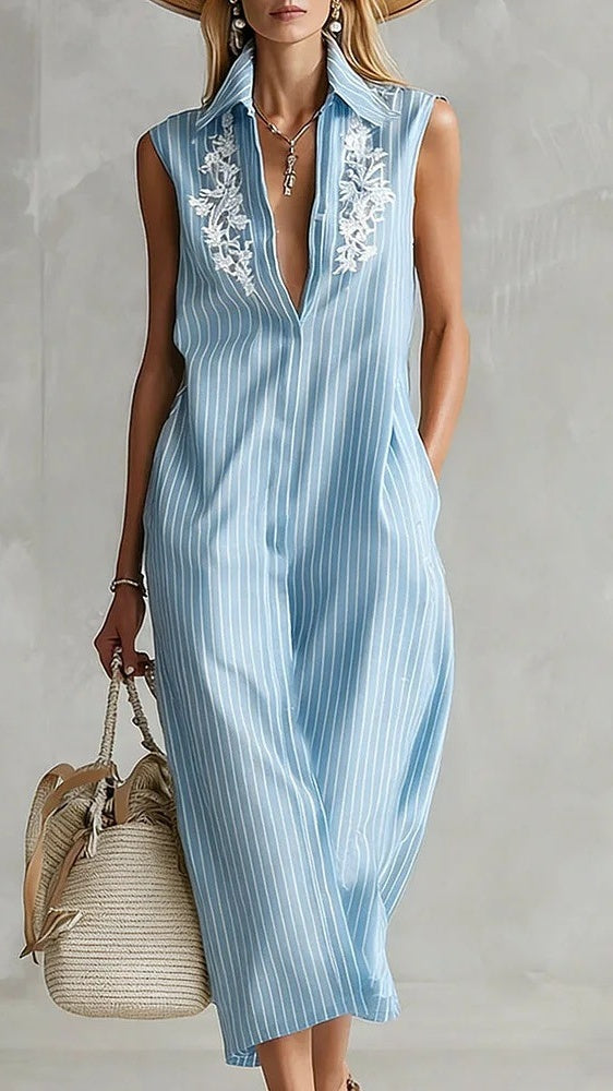 Women’s Sleeveless V-Neck Striped Shirt Dress