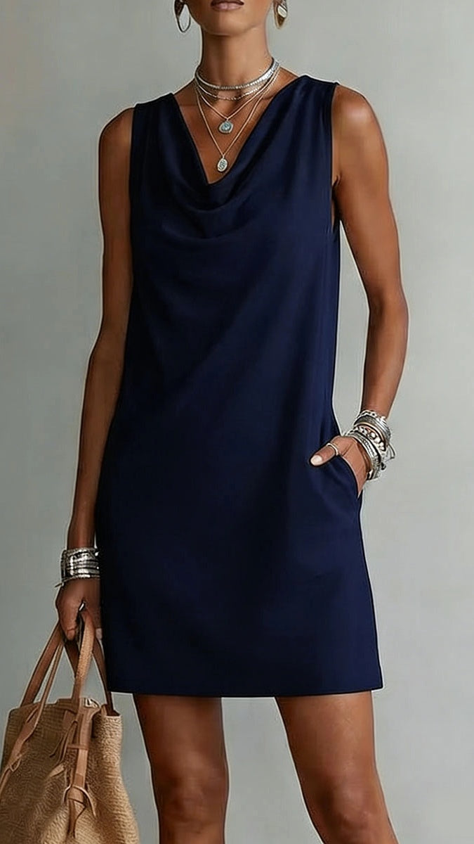 Women’s Sleeveless Cotton Dress with Draped Neckline