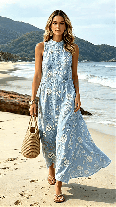 Women’s Printed Stand-Collar Sleeveless Dress