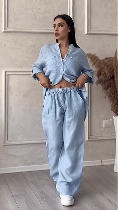 Women’s Casual Cotton-Linen Solid-Color Shirt & Drawstring Wide-Leg Pants Two-Piece Set