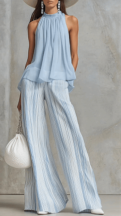 Women’s Vacation-Style Outfit: Light Blue Chiffon Sleeveless Top & Striped Wide-Leg Pants Set