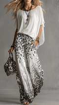 Women’s Fashion Two-Piece Set: White T-Shirt & Leopard Print Chiffon Pants