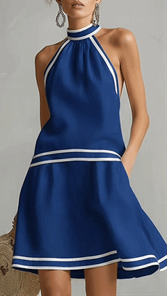 Women’s Elegant Color-Block Piped Cotton-Linen Halter Sleeveless Mini Dress