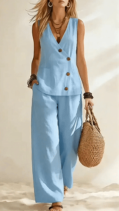Women’s Casual Solid-Color Vacation-Style Two-Piece Set: Button-Front Vest & Trousers