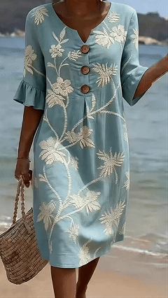 Women’s Vacation-Style V-Neck Printed Loose-Fit Dress with Mid-Length Sleeves