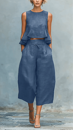 Women’s two-piece linen blend set with ruffled trim.