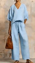 Women’s Minimalist Solid-Color Loose-Fit V-Neck Casual Two-Piece Set