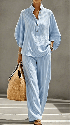 Women’s Striped Linen-Cotton Batwing Sleeve Two-Piece Set