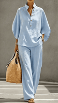 Women’s Striped Linen-Cotton Batwing Sleeve Two-Piece Set