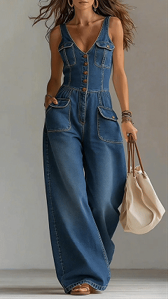 🔥Women’s Washed Denim Loose-Fit Sleeveless Jumpsuit with Straps