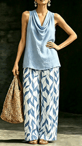 Women’s Two-Piece Set: Draped-Neck Halter Top & Patterned Wide-Leg Pants (Cotton-Linen Blend)