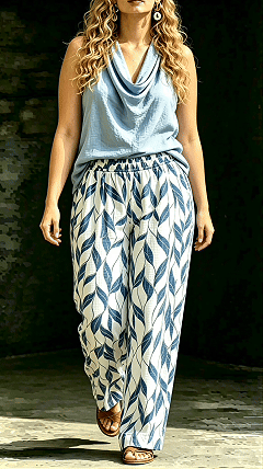 Women’s Two-Piece Set: Draped-Neck Halter Top & Patterned Wide-Leg Pants (Cotton-Linen Blend)