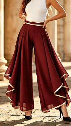 Women’s Fashion Spliced & Piped Layered Chiffon High-Waisted Casual Wide-Leg Pants