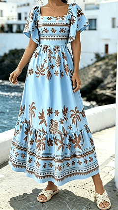 Women’s Printed Dress with Square Neckline and Flutter Sleeves