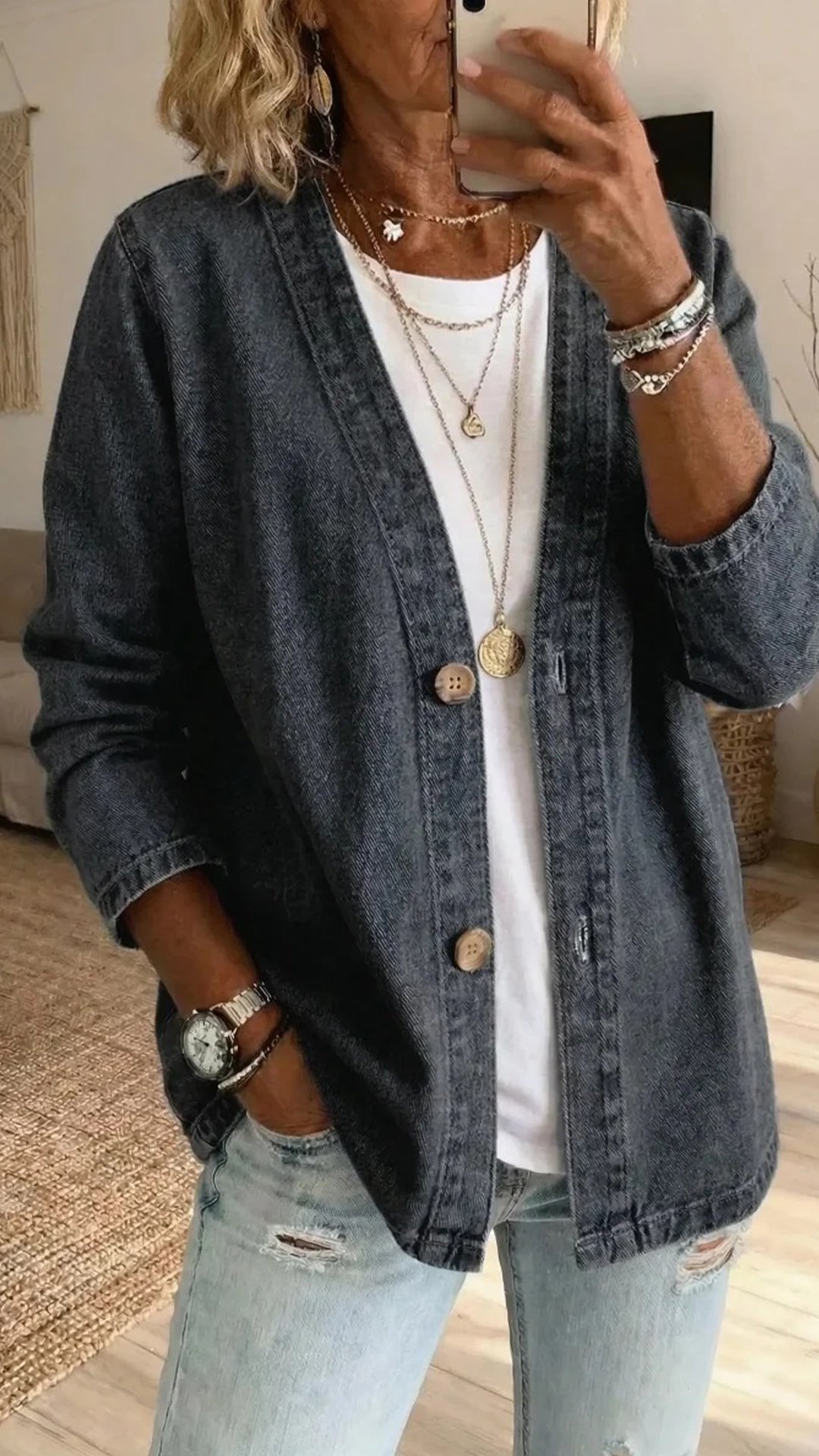 Women’s Polyester Denim-Like V-Neck Cardigan