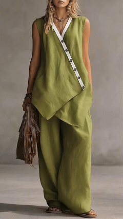 Women’s V-Neck Sleeveless Wide-Leg Pants Two-Piece Set with Asymmetrical Buttons