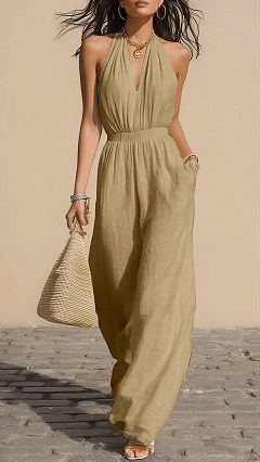 Women’s Halter-Neck V-Neck Slim-Fit Jumpsuit — Simple Solid-Color Wide-Leg Trousers