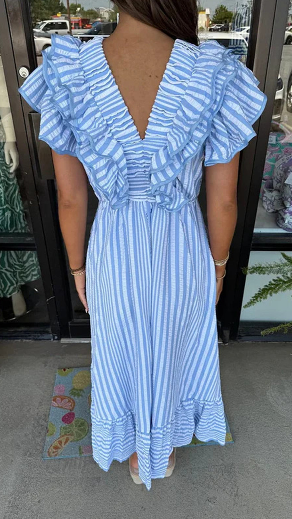 Women’s Ruffled V-Neck Striped Loose Maxi Dress