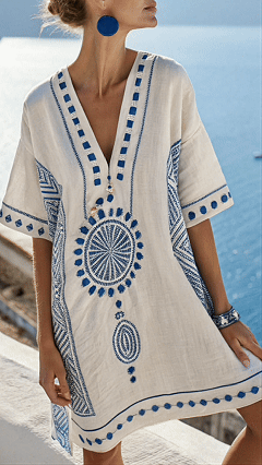 Women’s V-Neck Dress – Beach Vacation Style, Printed, Loose-Fit Midi Dress